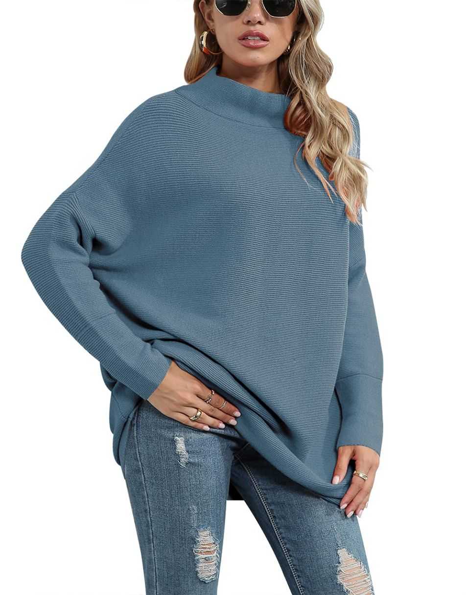 Anrabess Ribbed Knit Turtleneck Slouchy Tunic Pullover