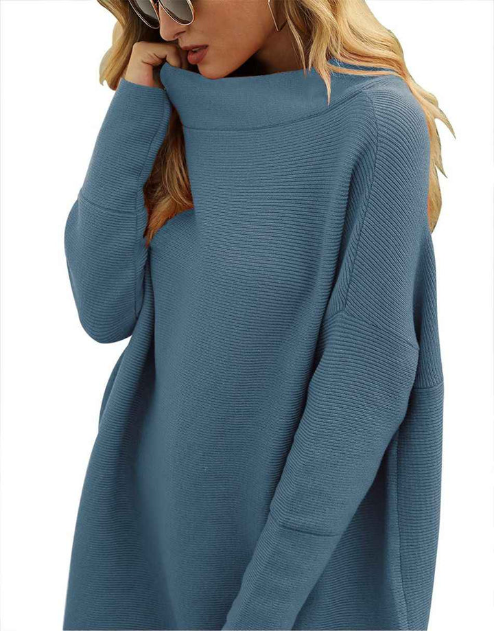 Anrabess Ribbed Knit Turtleneck Slouchy Tunic Pullover
