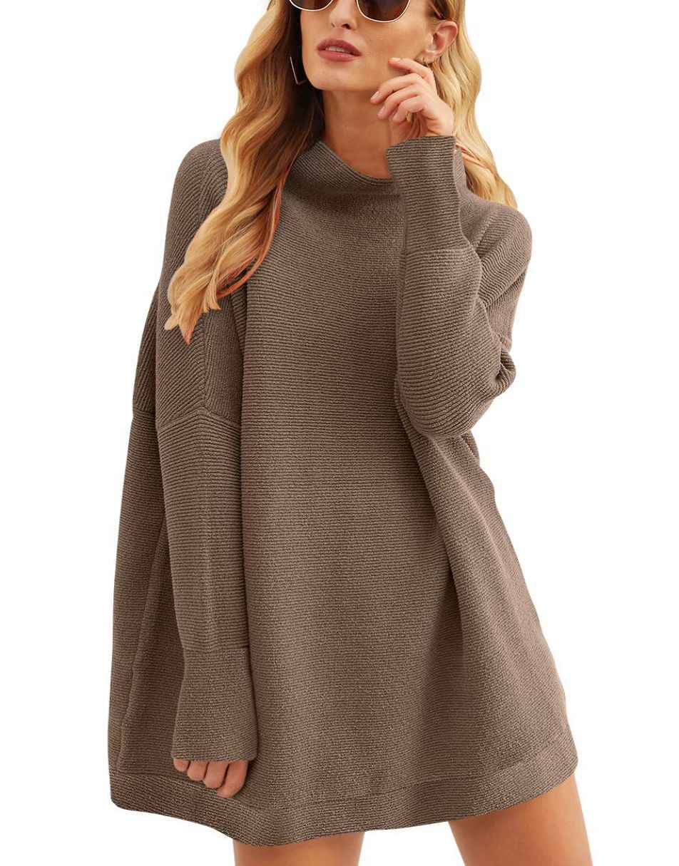 Anrabess Ribbed Knit Turtleneck Slouchy Tunic Pullover