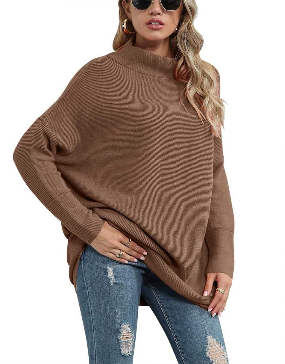 Anrabess Ribbed Knit Turtleneck Slouchy Tunic Pullover