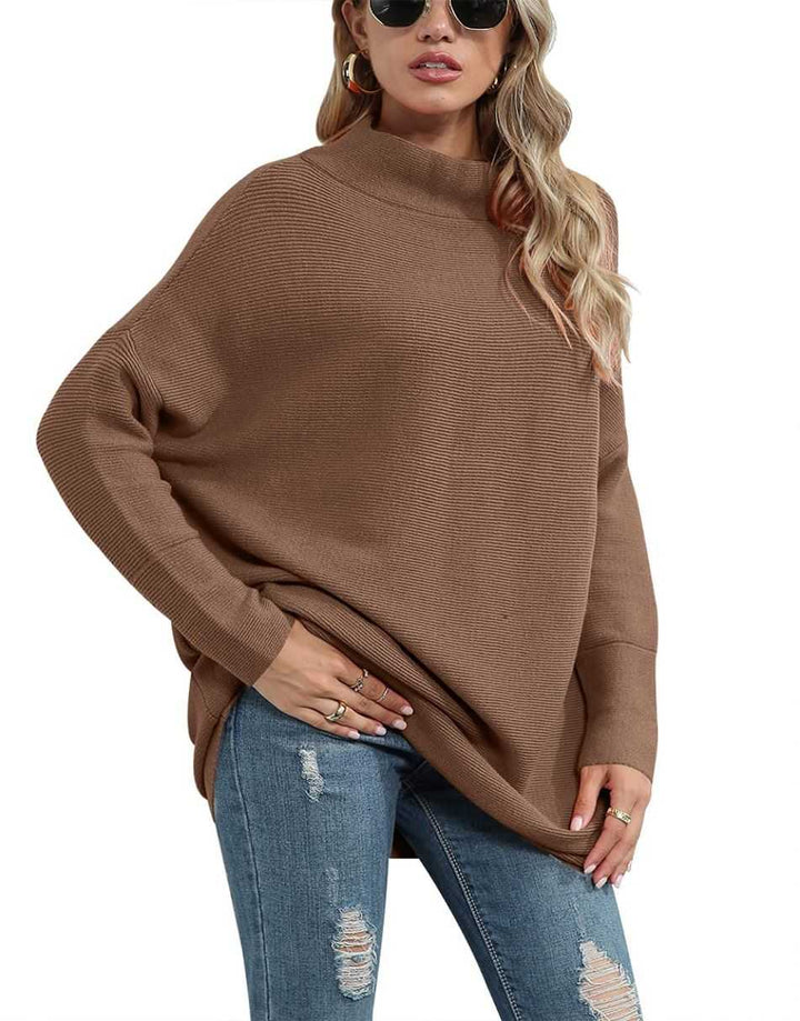 Anrabess Ribbed Knit Turtleneck Slouchy Tunic Pullover