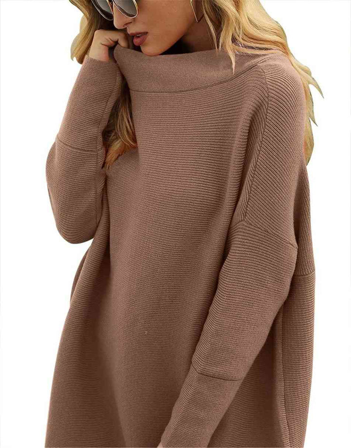 Anrabess Ribbed Knit Turtleneck Slouchy Tunic Pullover