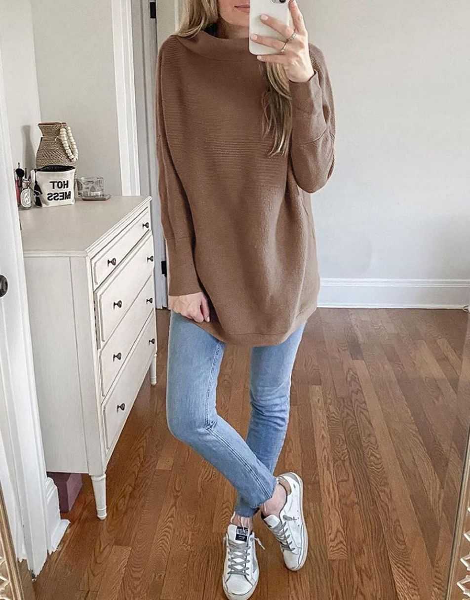 Anrabess Ribbed Knit Turtleneck Slouchy Tunic Pullover