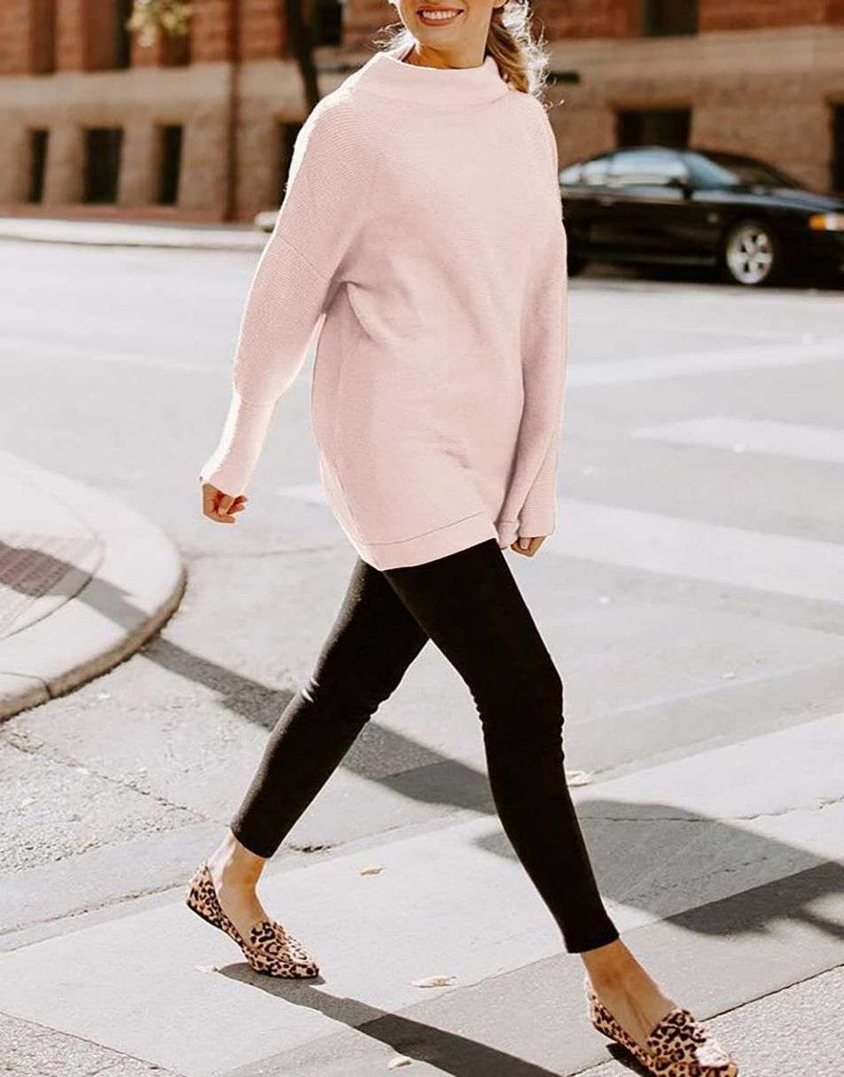 Anrabess Ribbed Knit Turtleneck Slouchy Tunic Pullover