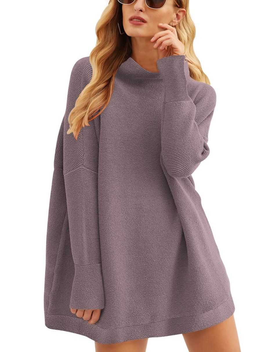 Anrabess Ribbed Knit Turtleneck Slouchy Tunic Pullover