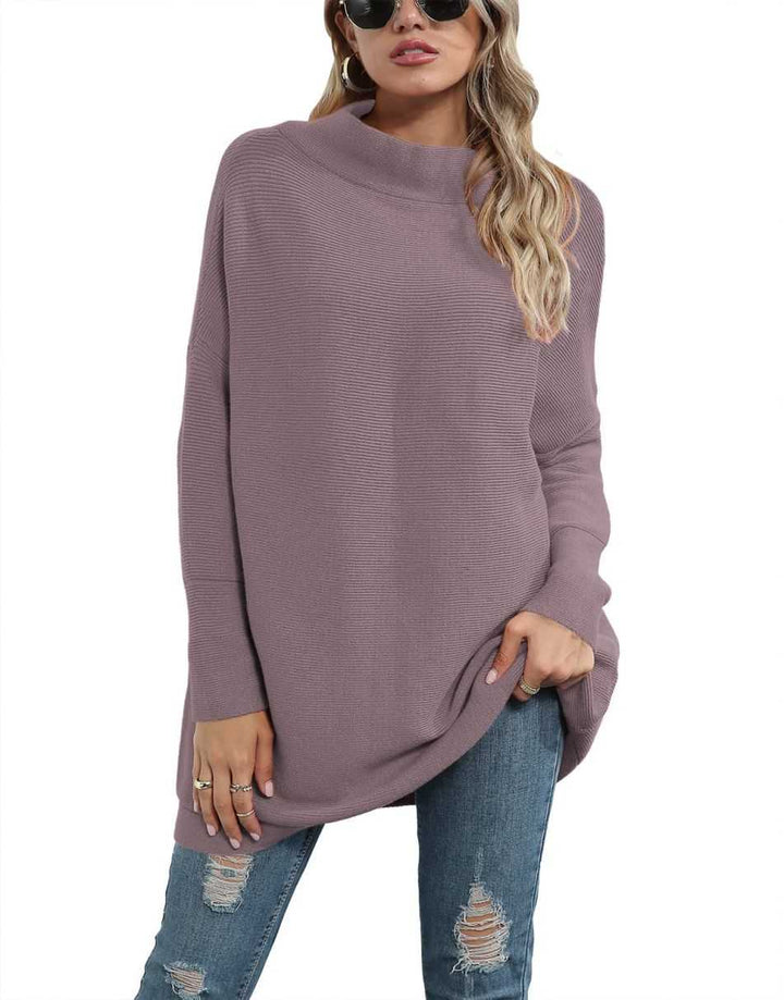 Anrabess Ribbed Knit Turtleneck Slouchy Tunic Pullover