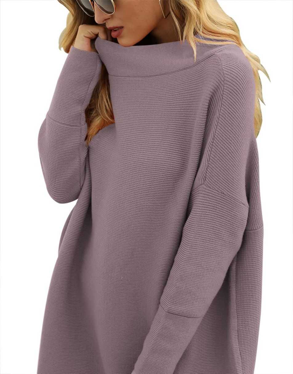 Anrabess Ribbed Knit Turtleneck Slouchy Tunic Pullover