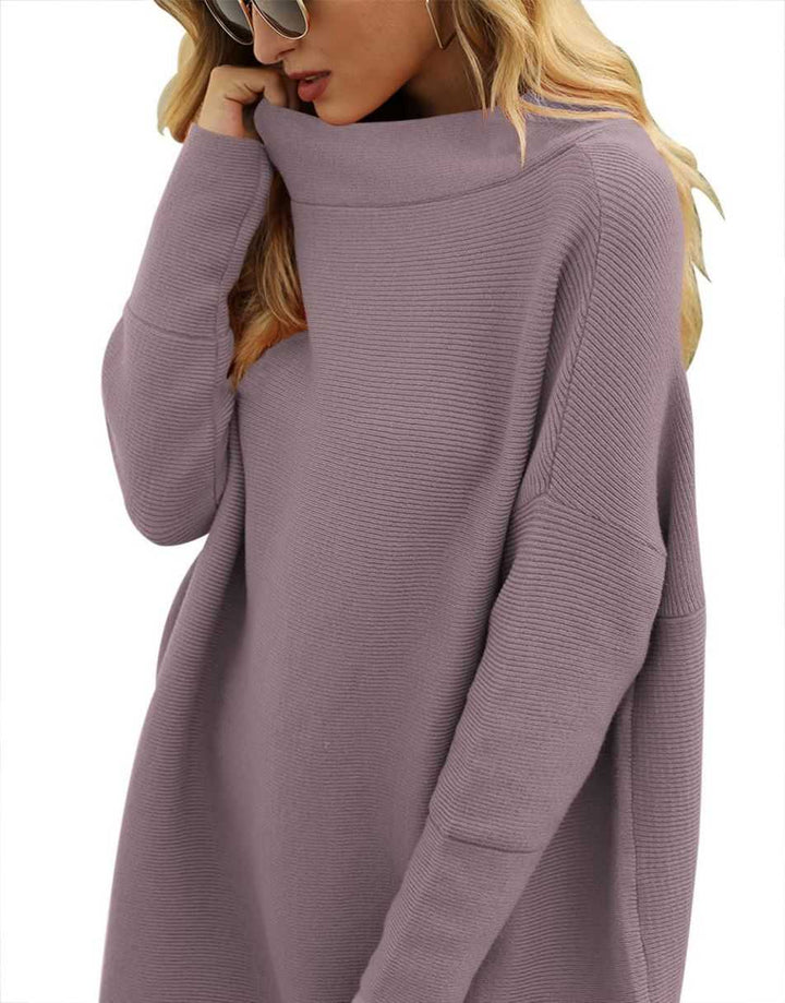 Anrabess Ribbed Knit Turtleneck Slouchy Tunic Pullover