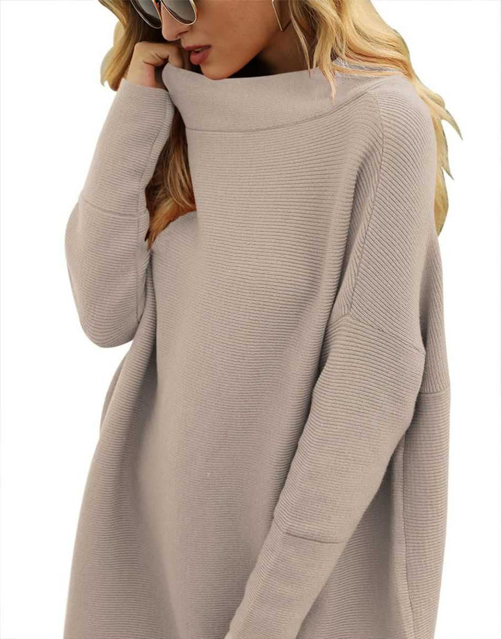 Anrabess Ribbed Knit Turtleneck Slouchy Tunic Pullover