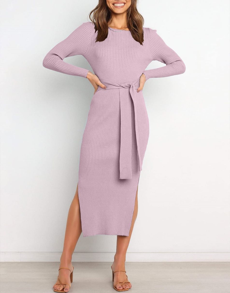 Anrabess Slim-fit Knitted slit Midi Sweater Dress