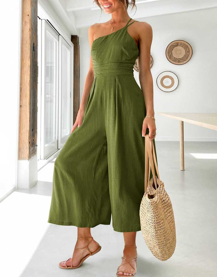 ANRABESS One Shoulder High Waist Wide Leg Linen Jumpsuit