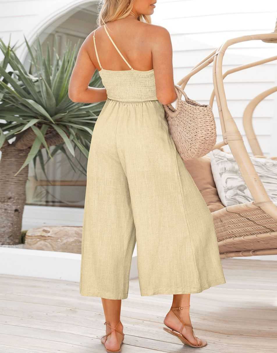 ANRABESS One Shoulder High Waist Wide Leg Linen Jumpsuit