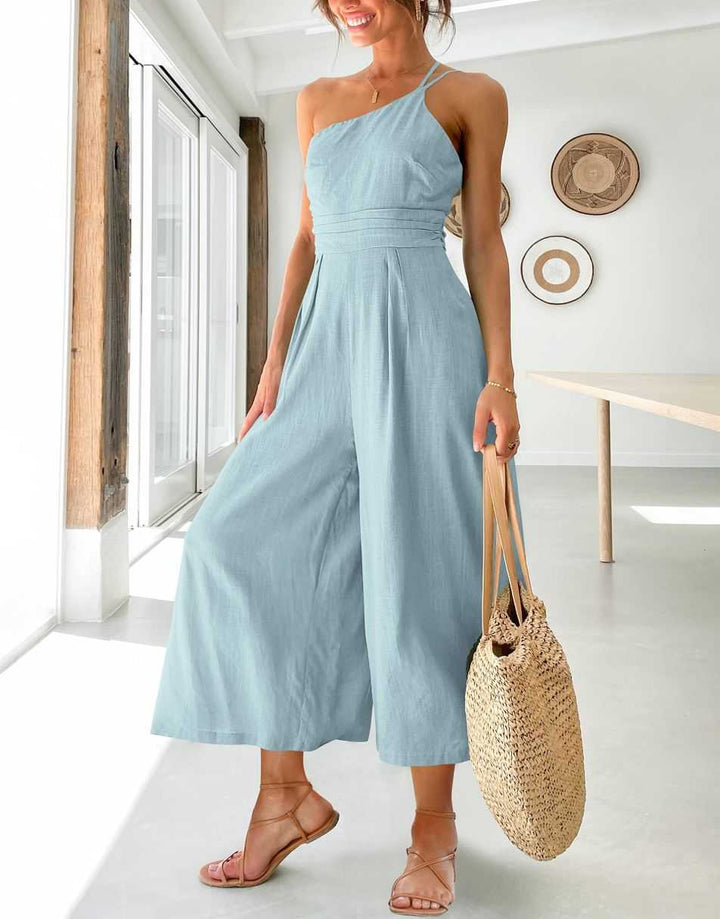 ANRABESS One Shoulder High Waist Wide Leg Linen Jumpsuit