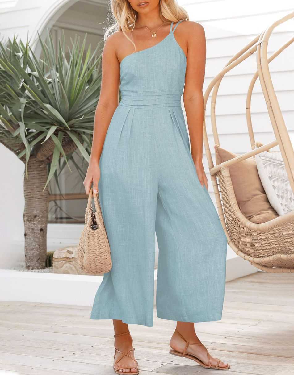 ANRABESS One Shoulder High Waist Wide Leg Linen Jumpsuit