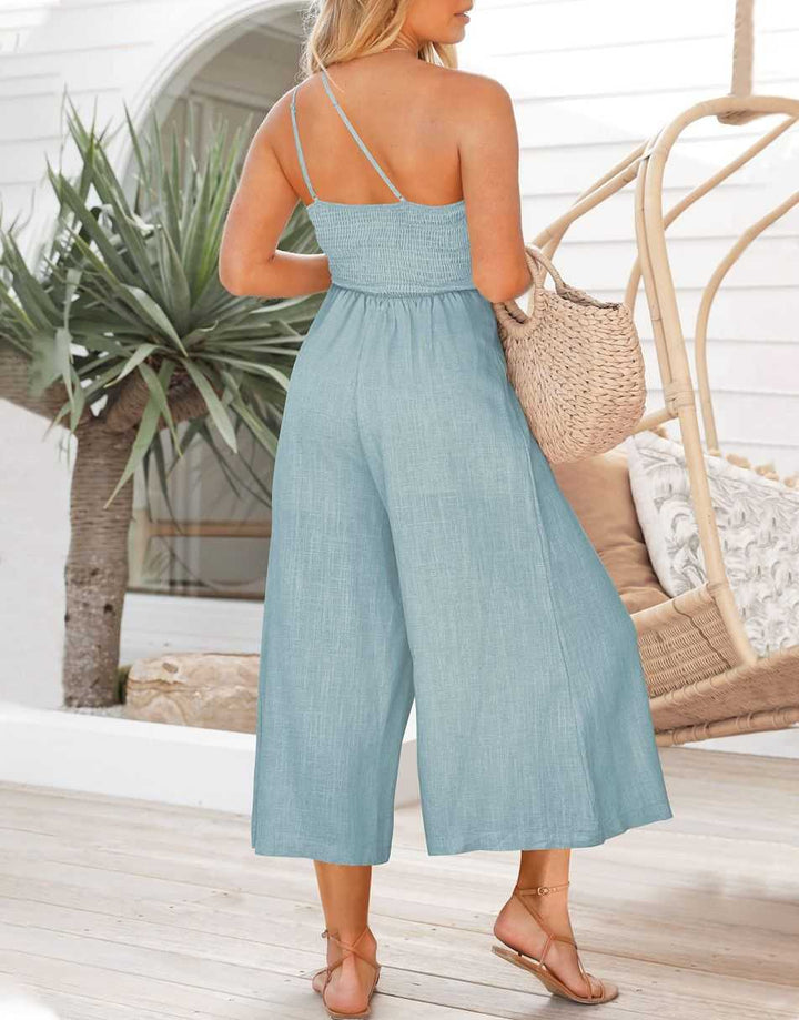 ANRABESS One Shoulder High Waist Wide Leg Linen Jumpsuit