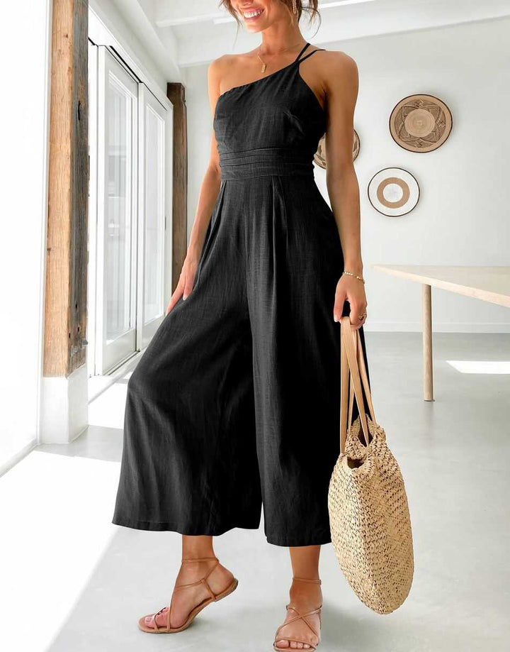 ANRABESS One Shoulder High Waist Wide Leg Linen Jumpsuit