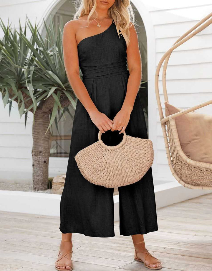 ANRABESS One Shoulder High Waist Wide Leg Linen Jumpsuit