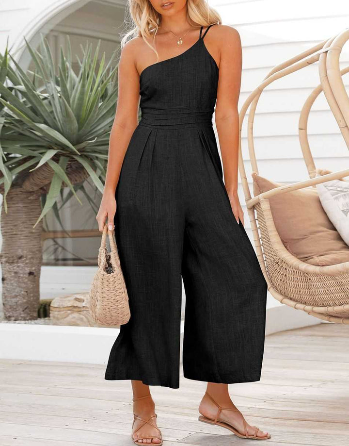 ANRABESS One Shoulder High Waist Wide Leg Linen Jumpsuit