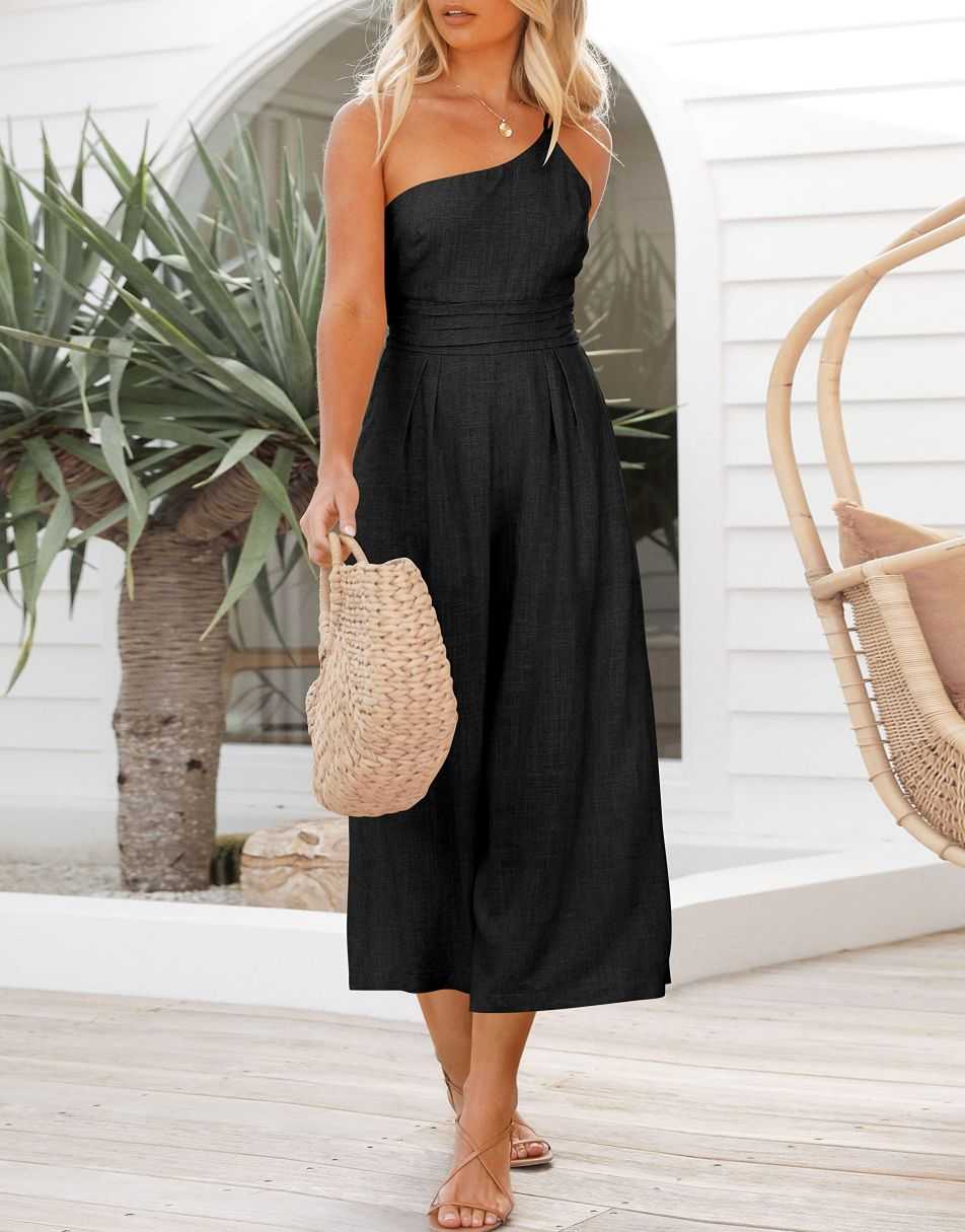ANRABESS One Shoulder High Waist Wide Leg Linen Jumpsuit