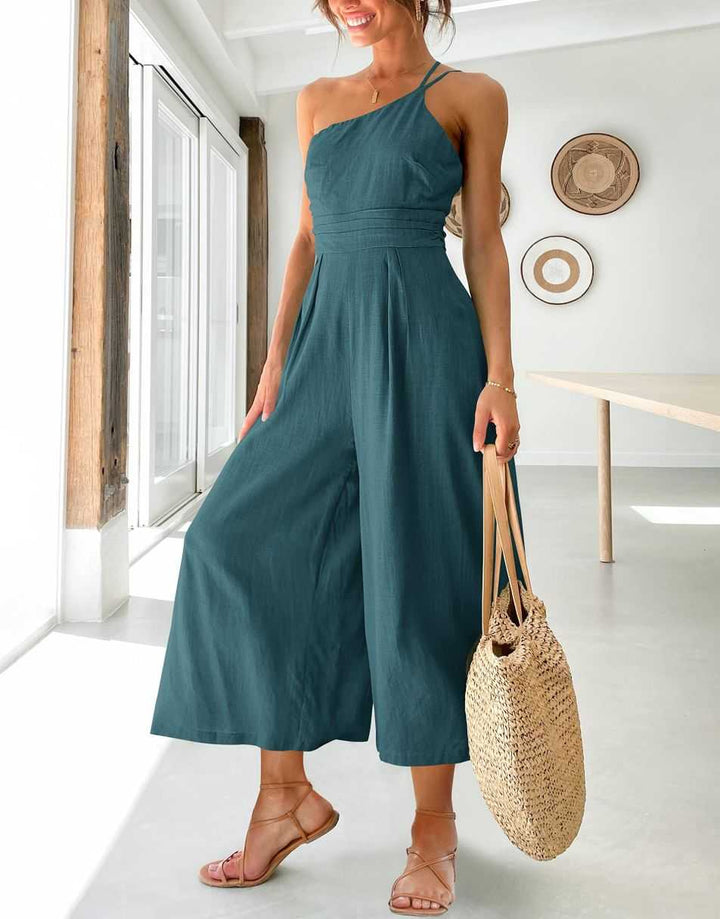 ANRABESS One Shoulder High Waist Wide Leg Linen Jumpsuit