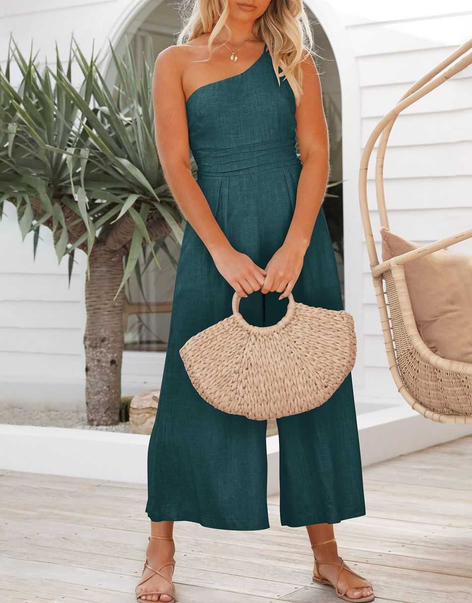 ANRABESS One Shoulder High Waist Wide Leg Linen Jumpsuit
