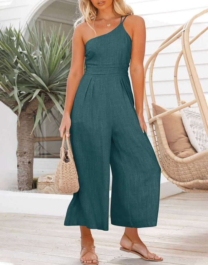 ANRABESS One Shoulder High Waist Wide Leg Linen Jumpsuit