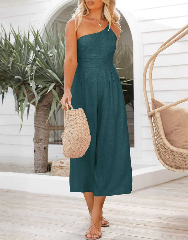 ANRABESS One Shoulder High Waist Wide Leg Linen Jumpsuit
