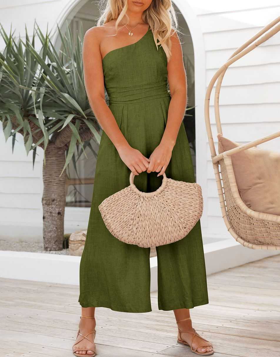 ANRABESS One Shoulder High Waist Wide Leg Linen Jumpsuit