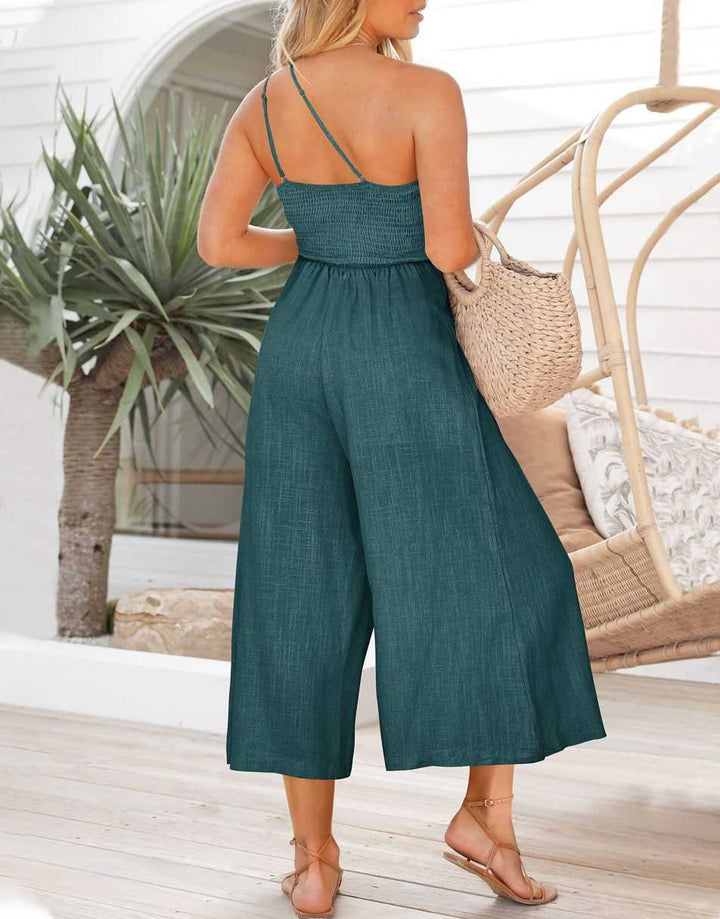 ANRABESS One Shoulder High Waist Wide Leg Linen Jumpsuit