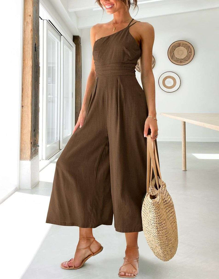 ANRABESS One Shoulder High Waist Wide Leg Linen Jumpsuit