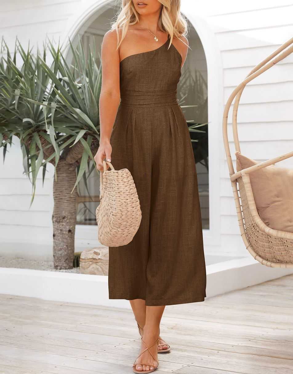 ANRABESS One Shoulder High Waist Wide Leg Linen Jumpsuit