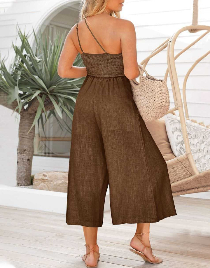 ANRABESS One Shoulder High Waist Wide Leg Linen Jumpsuit