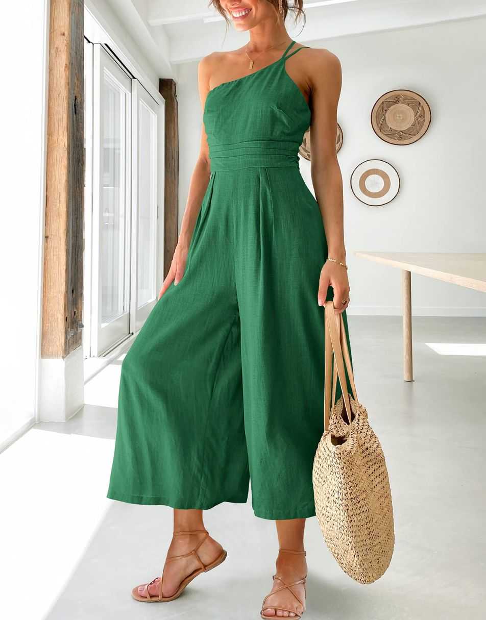 ANRABESS One Shoulder High Waist Wide Leg Linen Jumpsuit