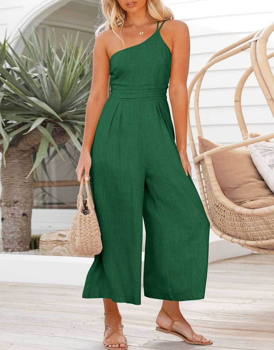 ANRABESS One Shoulder High Waist Wide Leg Linen Jumpsuit