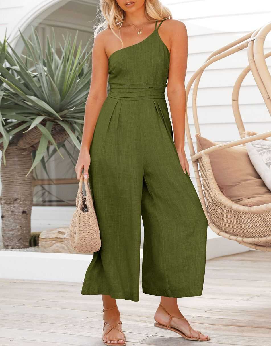 ANRABESS One Shoulder High Waist Wide Leg Linen Jumpsuit