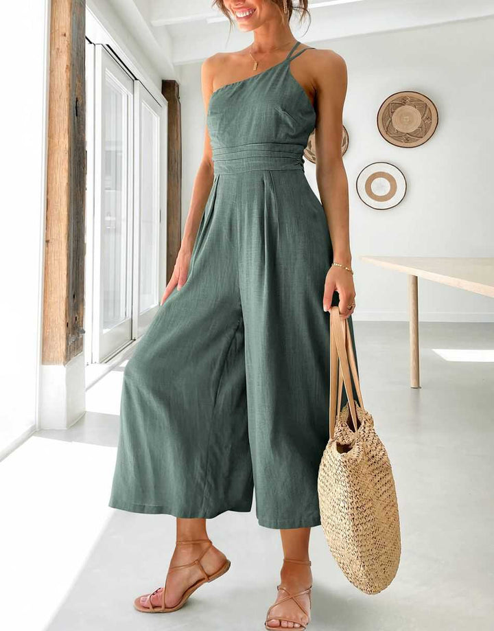 ANRABESS One Shoulder High Waist Wide Leg Linen Jumpsuit