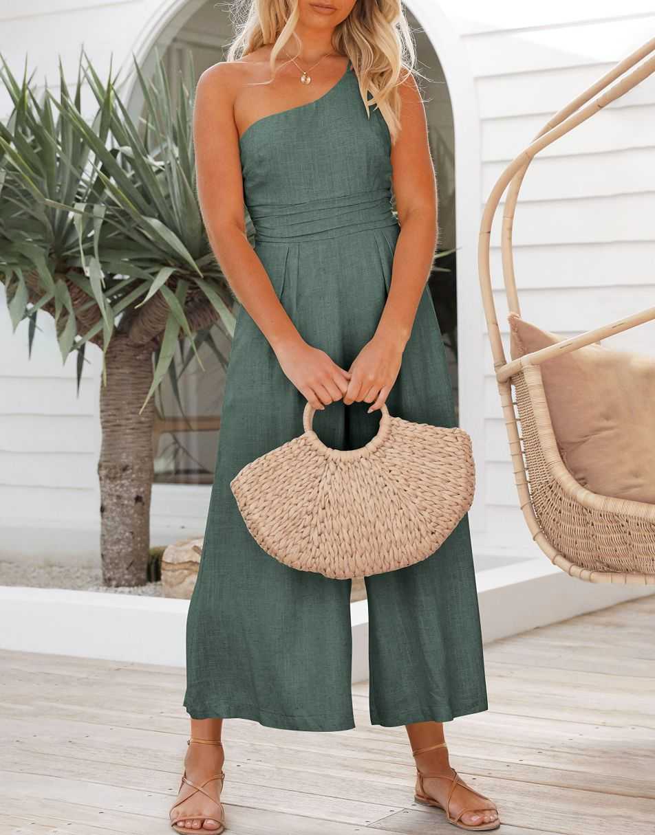 ANRABESS One Shoulder High Waist Wide Leg Linen Jumpsuit