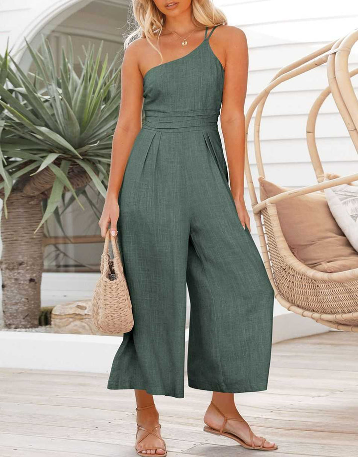 ANRABESS One Shoulder High Waist Wide Leg Linen Jumpsuit