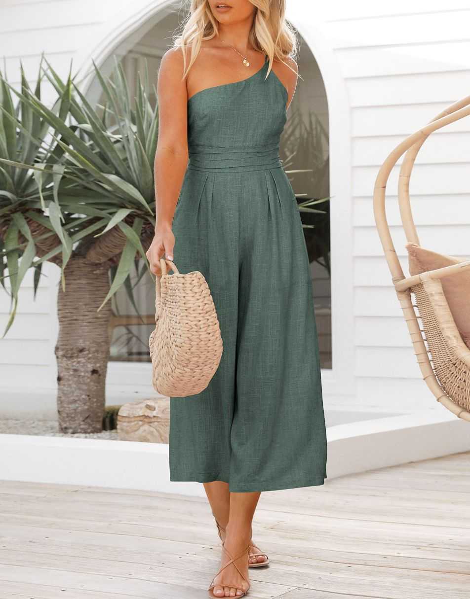 ANRABESS One Shoulder High Waist Wide Leg Linen Jumpsuit