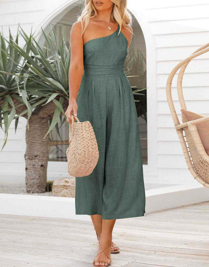ANRABESS One Shoulder High Waist Wide Leg Linen Jumpsuit