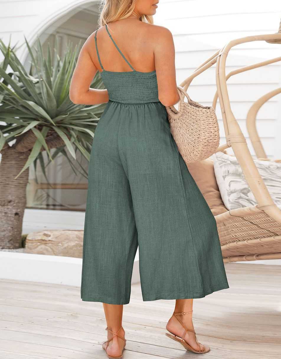 ANRABESS One Shoulder High Waist Wide Leg Linen Jumpsuit