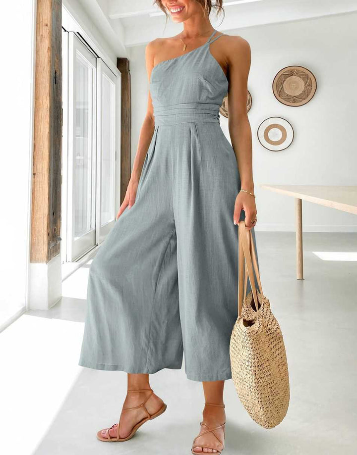 ANRABESS One Shoulder High Waist Wide Leg Linen Jumpsuit