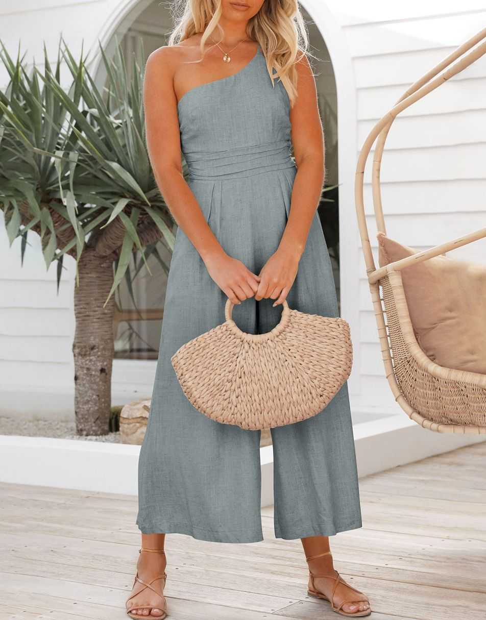 ANRABESS One Shoulder High Waist Wide Leg Linen Jumpsuit
