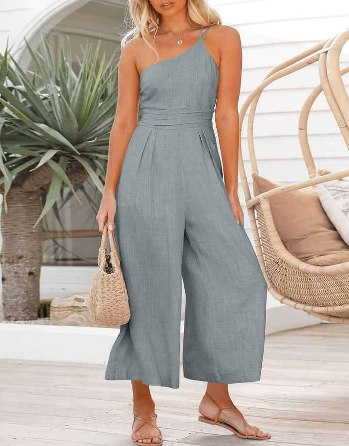 ANRABESS One Shoulder High Waist Wide Leg Linen Jumpsuit