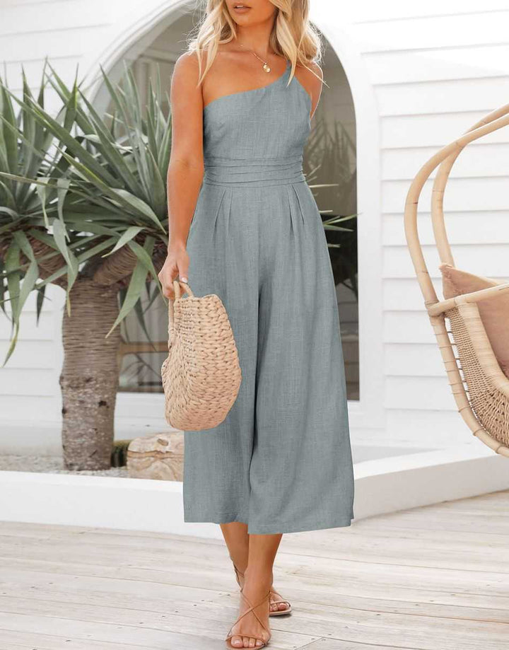 ANRABESS One Shoulder High Waist Wide Leg Linen Jumpsuit