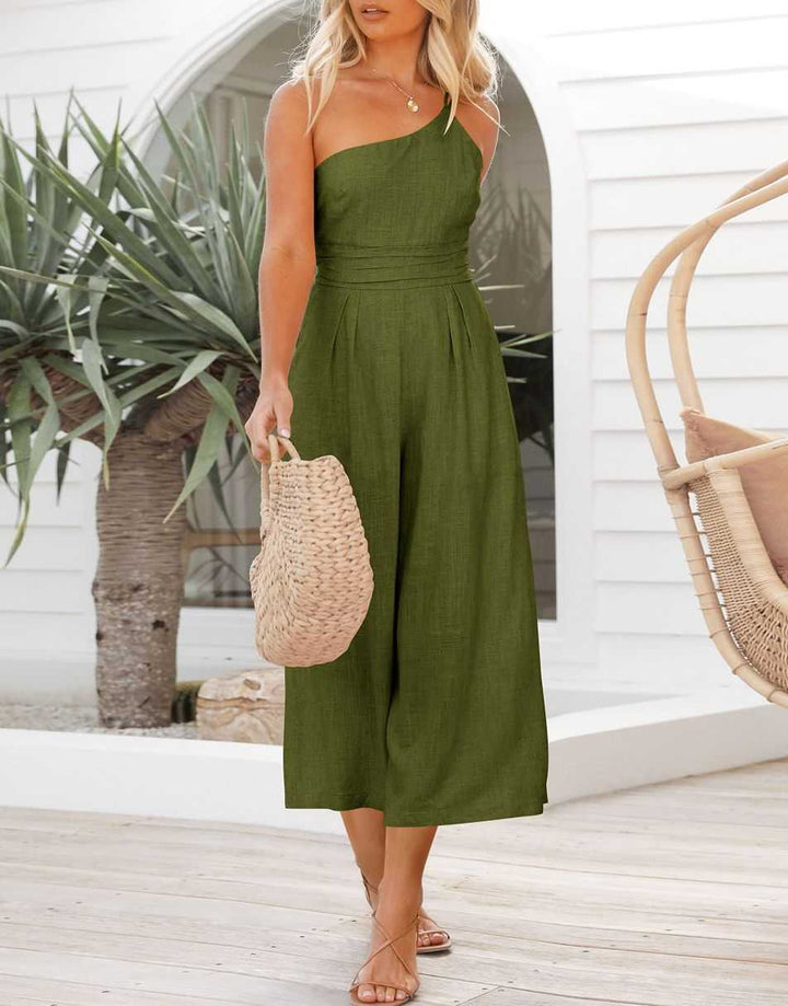 ANRABESS One Shoulder High Waist Wide Leg Linen Jumpsuit