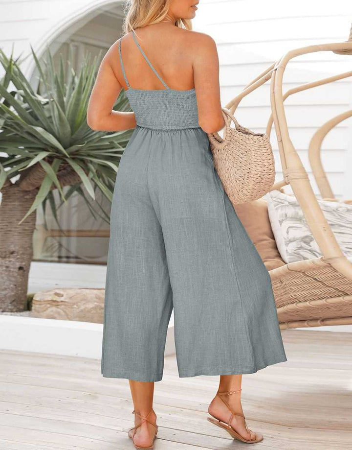 ANRABESS One Shoulder High Waist Wide Leg Linen Jumpsuit