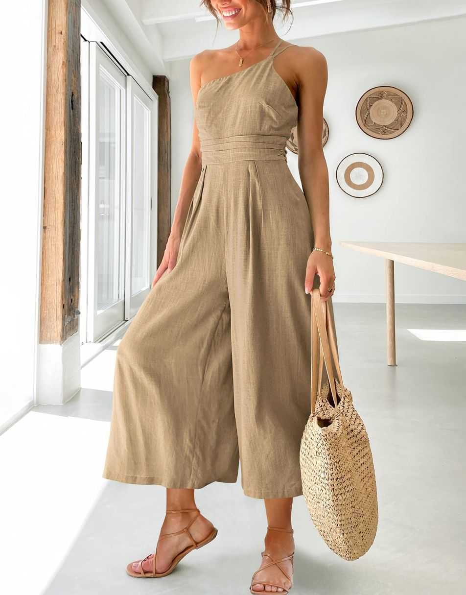 ANRABESS One Shoulder High Waist Wide Leg Linen Jumpsuit