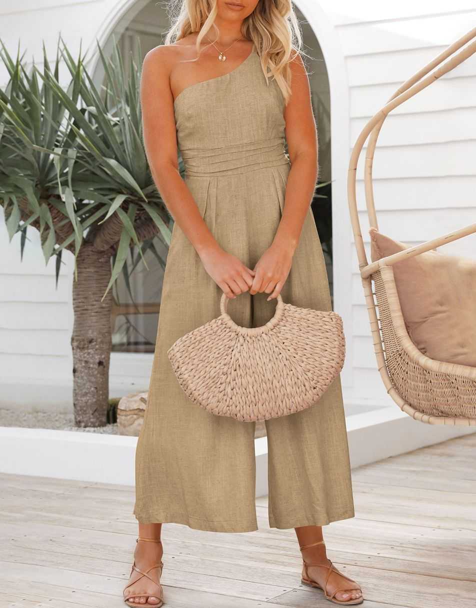 ANRABESS One Shoulder High Waist Wide Leg Linen Jumpsuit