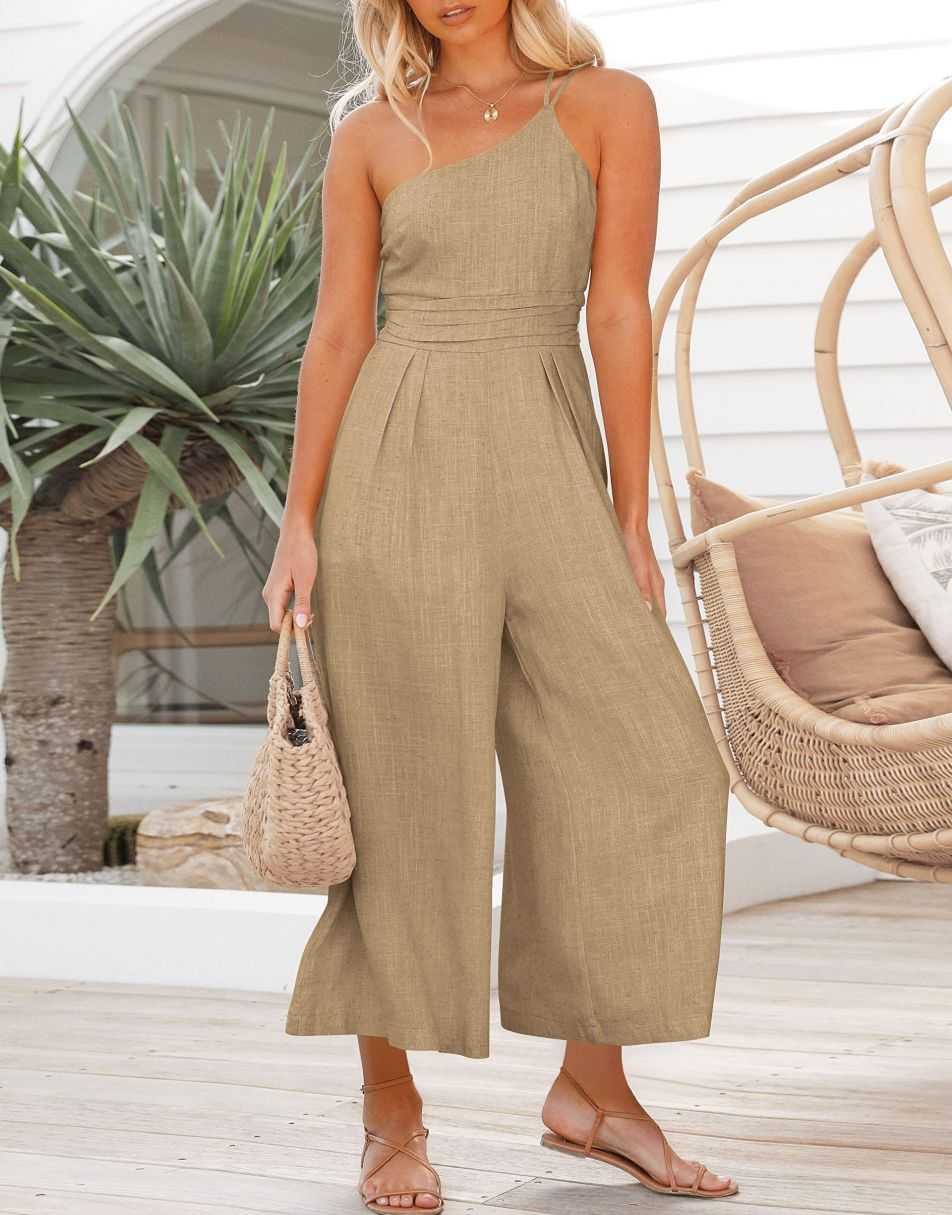ANRABESS One Shoulder High Waist Wide Leg Linen Jumpsuit